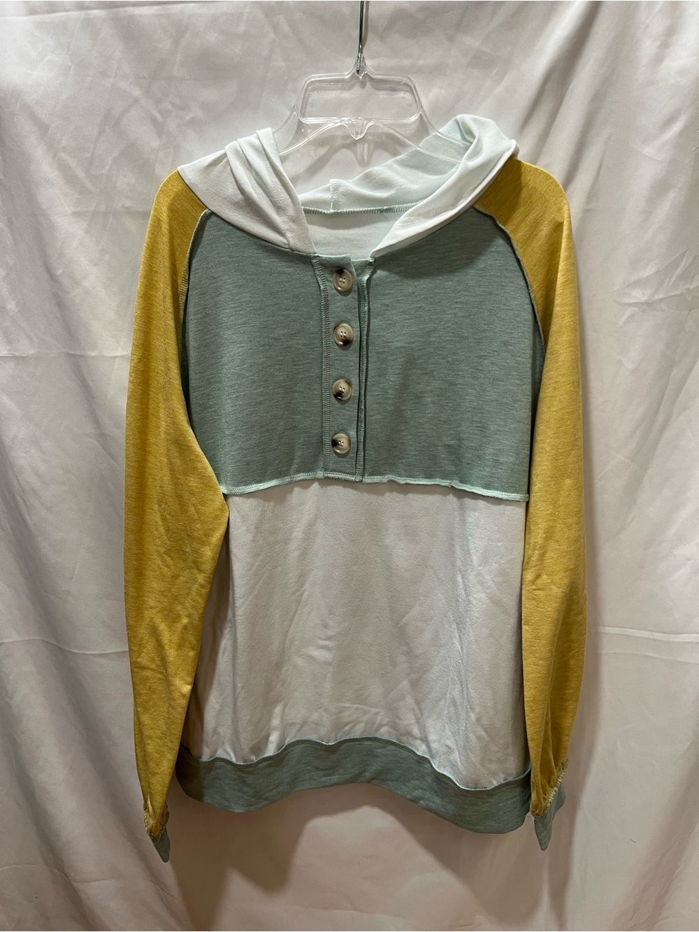 Three-Tone Hooded Henley Top - Sage, White & Mustard